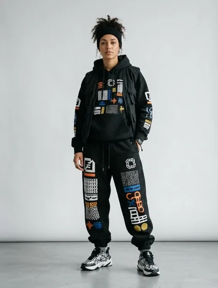 Streetwear joggers on a model: bold, graphic, oversized, logo-heavy