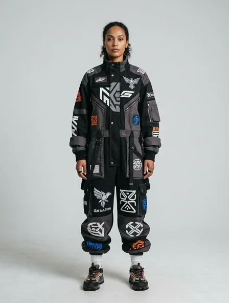 Streetwear jumpsuit on a model: bold, graphic, oversized, logo-heavy