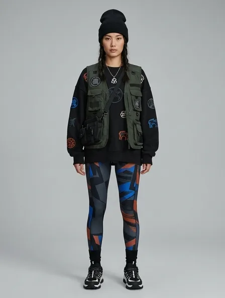 Streetwear leggings on a model: bold, graphic, oversized, logo-heavy