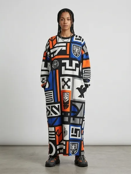 Streetwear maxi dress on a model: bold, graphic, oversized, logo-heavy