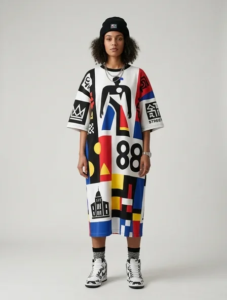Streetwear midi dress on a model: bold, graphic, oversized, logo-heavy