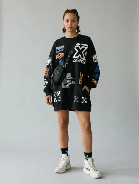 Streetwear mini dress on a model: bold, graphic, oversized, logo-heavy