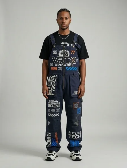 Streetwear overalls on a model: bold, graphic, oversized, logo-heavy
