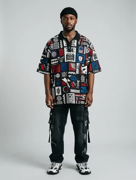 Streetwear polo shirt on a model: bold, graphic, oversized, logo-heavy