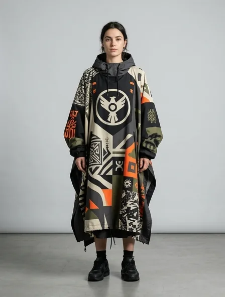 Streetwear poncho on a model: bold, graphic, oversized, logo-heavy