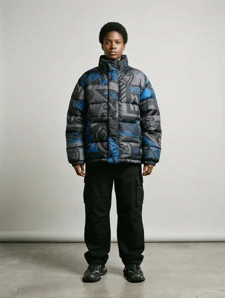 Streetwear puffer jacket on a model: bold, graphic, oversized, logo-heavy