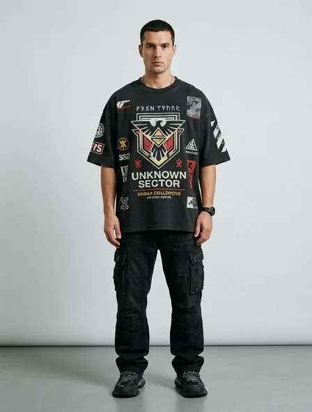 Streetwear shirt on a model: bold, graphic, oversized, logo-heavy