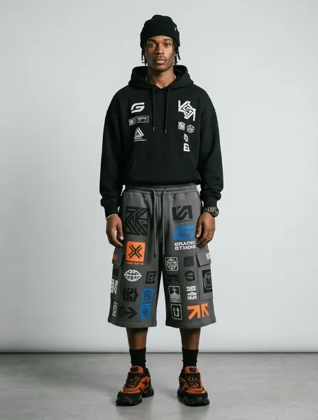 Streetwear shorts on a model: bold, graphic, oversized, logo-heavy