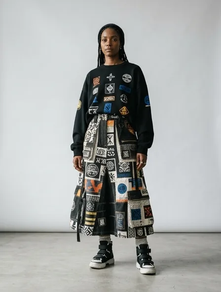 Streetwear skirt on a model: bold, graphic, oversized, logo-heavy