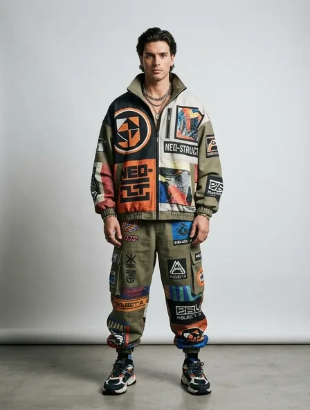 Streetwear suit on a model: bold, graphic, oversized, logo-heavy