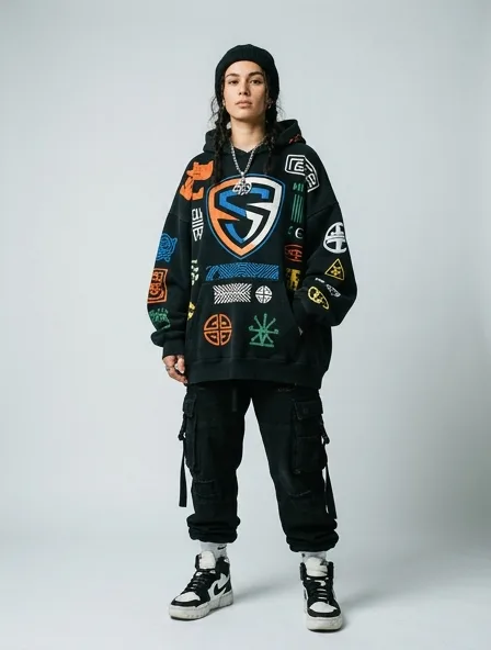 Streetwear sweater on a model: bold, graphic, oversized, logo-heavy