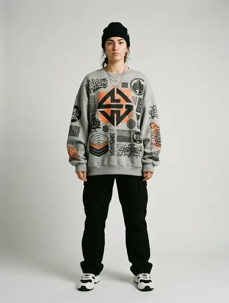 Streetwear sweatshirt on a model: bold, graphic, oversized, logo-heavy