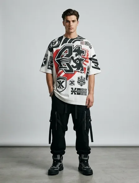Streetwear t-shirt on a model: bold, graphic, oversized, logo-heavy