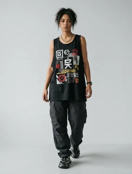 Streetwear tank top on a model: bold, graphic, oversized, logo-heavy