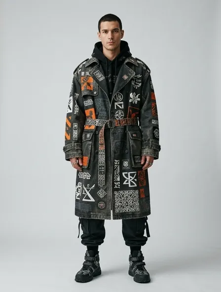 Streetwear trench coat on a model: bold, graphic, oversized, logo-heavy