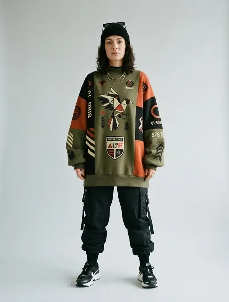 Streetwear tunic on a model: bold, graphic, oversized, logo-heavy