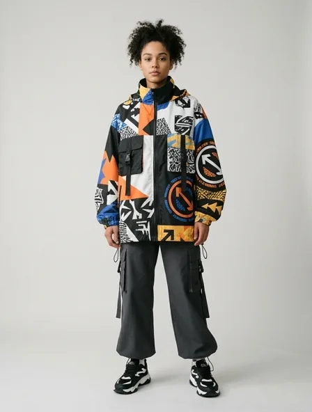 Streetwear windbreaker on a model: bold, graphic, oversized, logo-heavy
