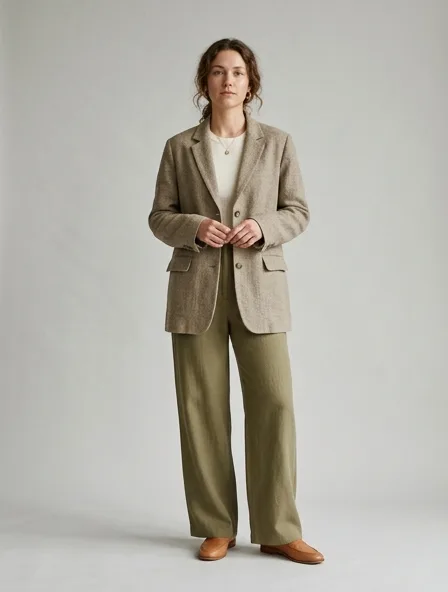 Sustainable blazer on a model: natural tones, organic textures, timeless silhouettes