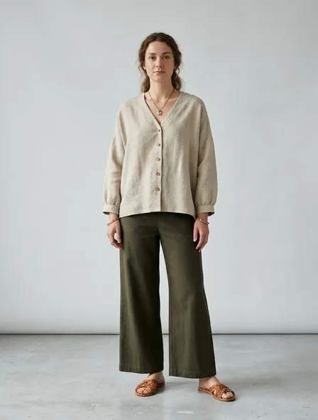 Sustainable blouse on a model: natural tones, organic textures, timeless silhouettes