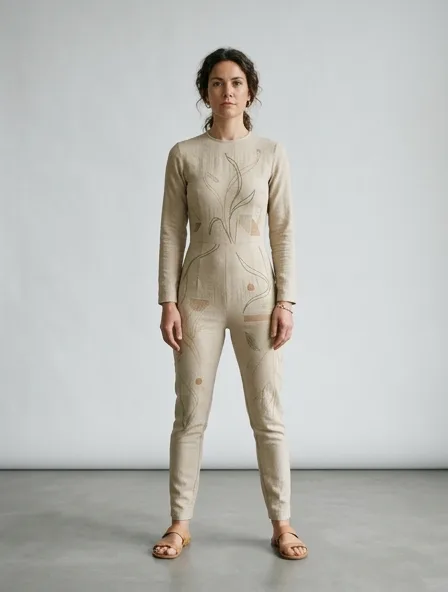 Sustainable bodysuit on a model: natural tones, organic textures, timeless silhouettes