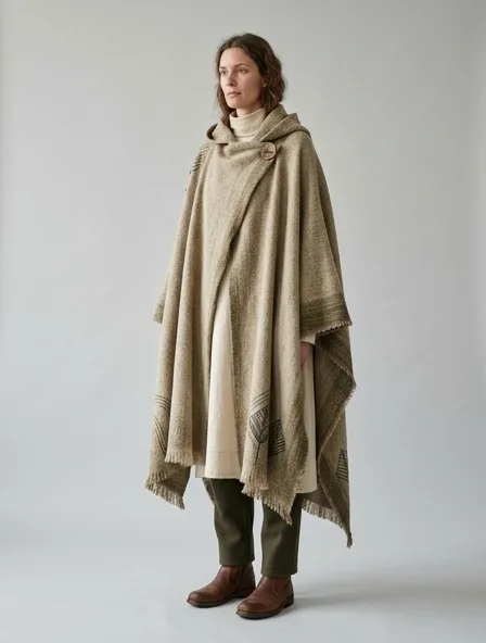 Sustainable cape on a model: natural tones, organic textures, timeless silhouettes