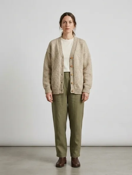 Sustainable cardigan on a model: natural tones, organic textures, timeless silhouettes