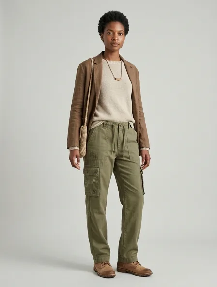 Sustainable cargo pants on a model: natural tones, organic textures, timeless silhouettes