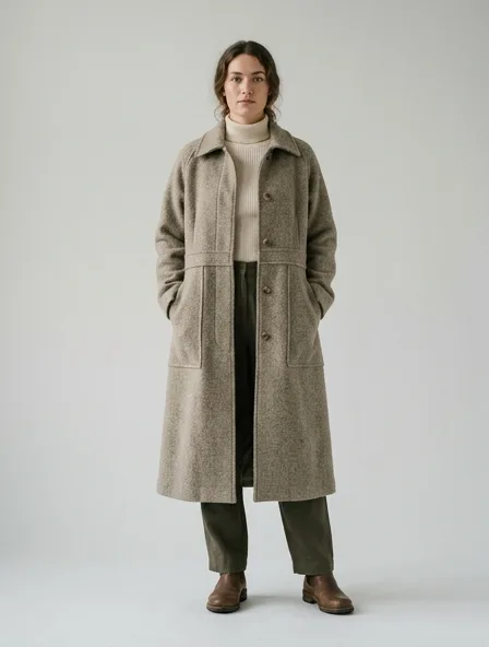 Sustainable coat on a model: natural tones, organic textures, timeless silhouettes