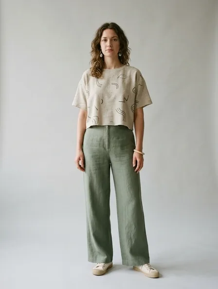 Sustainable crop top on a model: natural tones, organic textures, timeless silhouettes