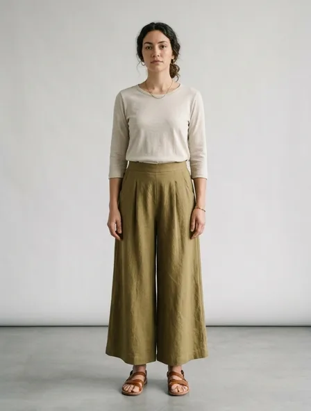 Sustainable culottes on a model: natural tones, organic textures, timeless silhouettes