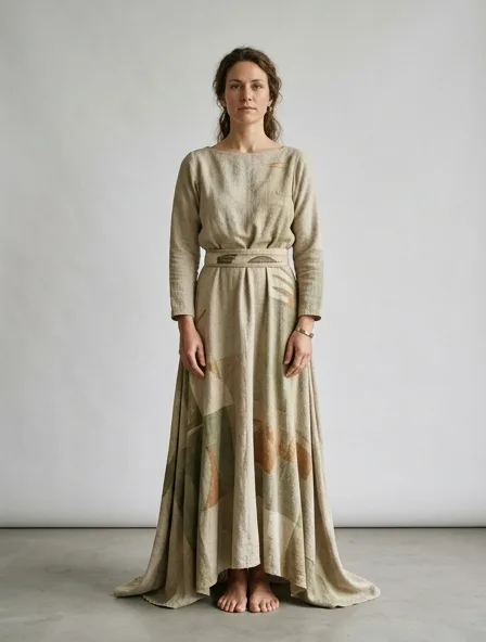Sustainable dress on a model: natural tones, organic textures, timeless silhouettes