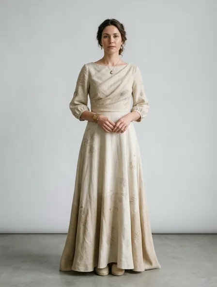 Sustainable gown on a model: natural tones, organic textures, timeless silhouettes