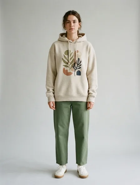 Sustainable hoodie on a model: natural tones, organic textures, timeless silhouettes