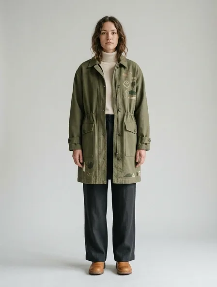 Sustainable jacket on a model: natural tones, organic textures, timeless silhouettes