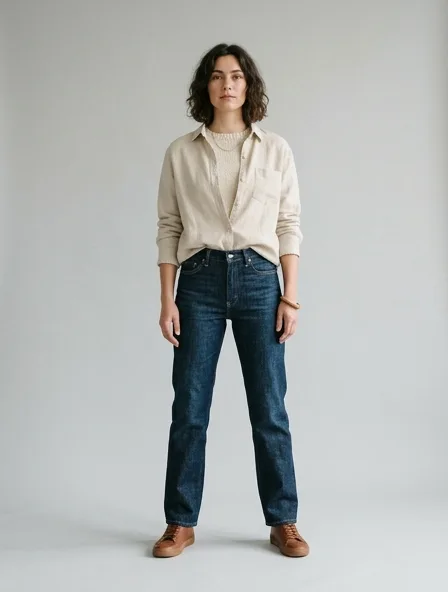 Sustainable jeans on a model: natural tones, organic textures, timeless silhouettes