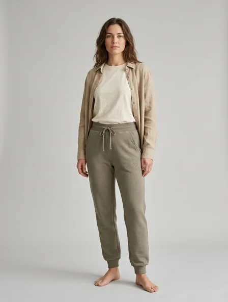 Sustainable joggers on a model: natural tones, organic textures, timeless silhouettes