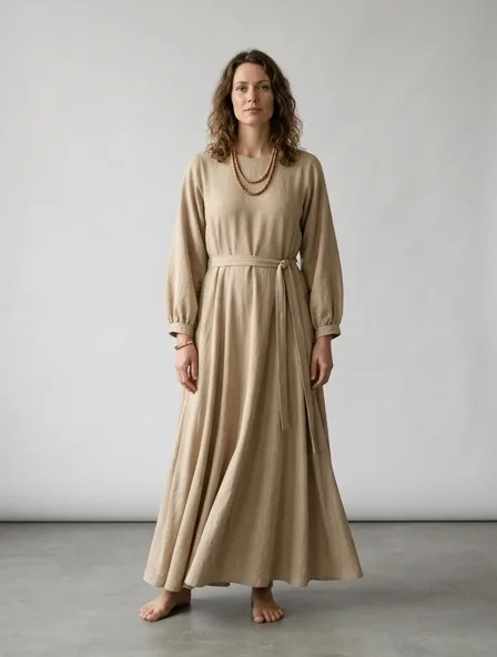 Sustainable maxi dress on a model: natural tones, organic textures, timeless silhouettes