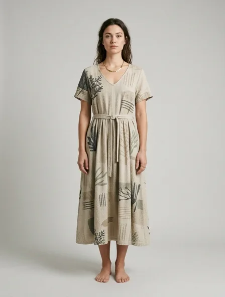 Sustainable midi dress on a model: natural tones, organic textures, timeless silhouettes