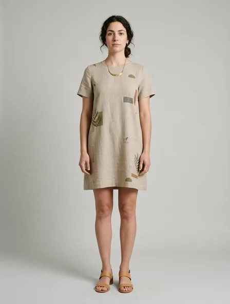 Sustainable mini dress on a model: natural tones, organic textures, timeless silhouettes