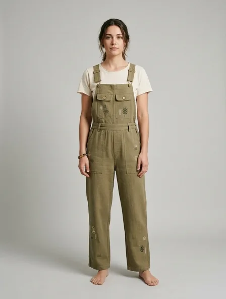 Sustainable overalls on a model: natural tones, organic textures, timeless silhouettes