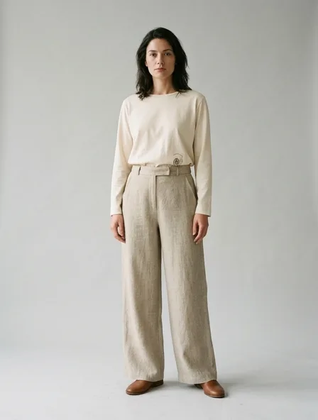 Sustainable pants on a model: natural tones, organic textures, timeless silhouettes