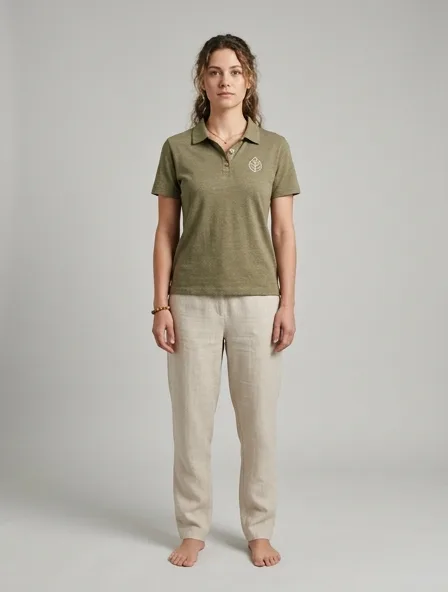 Sustainable polo shirt on a model: natural tones, organic textures, timeless silhouettes