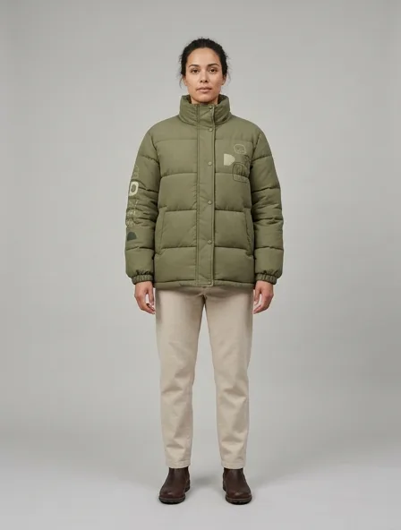 Sustainable puffer jacket on a model: natural tones, organic textures, timeless silhouettes