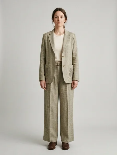 Sustainable suit on a model: natural tones, organic textures, timeless silhouettes