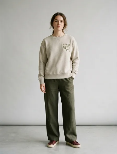 Sustainable sweatshirt on a model: natural tones, organic textures, timeless silhouettes