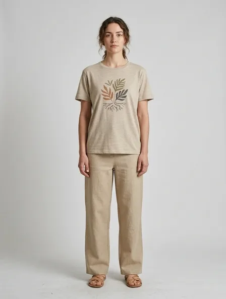 Sustainable t-shirt on a model: natural tones, organic textures, timeless silhouettes
