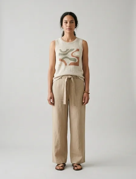 Sustainable tank top on a model: natural tones, organic textures, timeless silhouettes