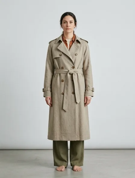 Sustainable trench coat on a model: natural tones, organic textures, timeless silhouettes