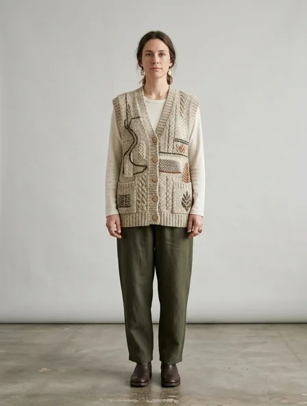 Sustainable vest on a model: natural tones, organic textures, timeless silhouettes