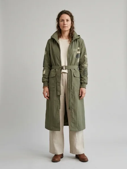 Sustainable windbreaker on a model: natural tones, organic textures, timeless silhouettes